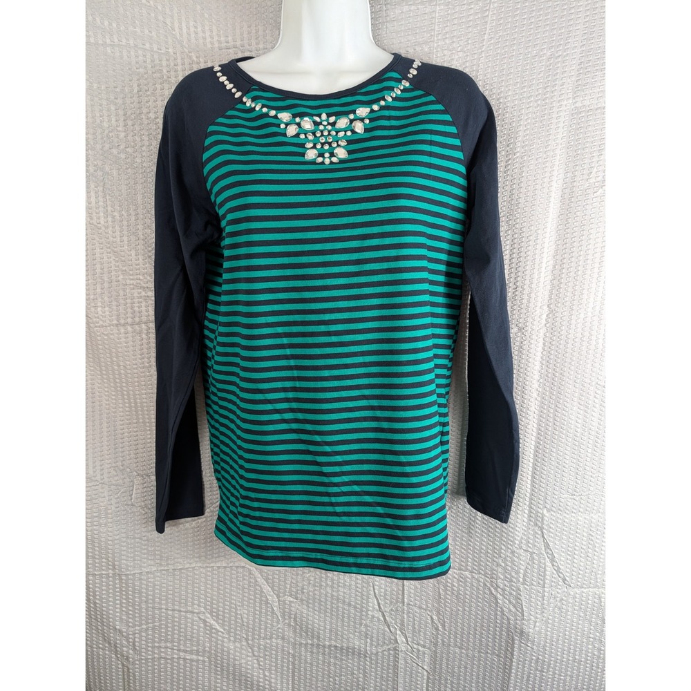 DG2 by Diane Gilman Womens Small Teal Black Striped Embellished Raglan Top